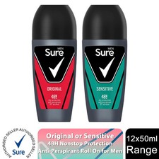 Sure Men Antiperspirant 48H Protection Roll On Deo Original or Sensitive,12x50ml