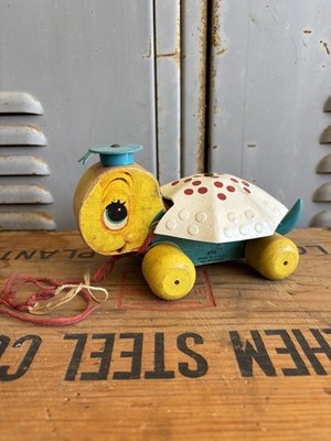 VTG Fisher Price 1957 TINY TIM Turtle Wooden Pull Toy 496 Tail Clicks Moves