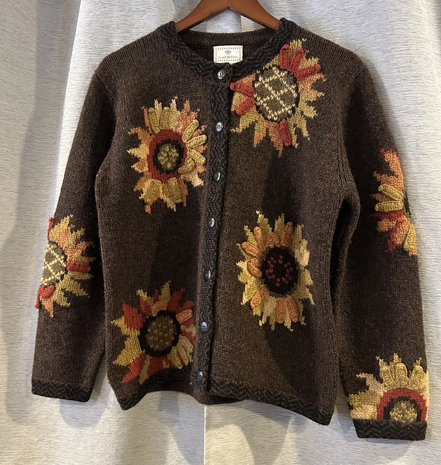 Винтажный женский шерстяной кардиган на пуговицах с вышивкой подсолнухом Susan Bristol свитер M - Изображение 2 из 4