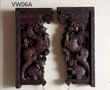 Wooden Hand Carved Wall Bracket Pair, Wooden Dragon yali, yazhi, vyali and