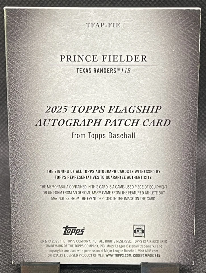2025 Topps Update Flagship Auto Patch Prince Fielder Black /10 (TFAP2-FIE) - Image 2 of 2