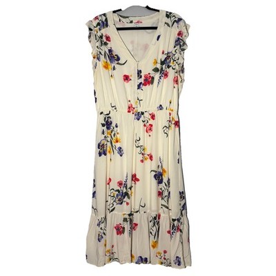 Old Navy XL Floral Waist Defined Futter Sleeve Lined Button Midi Dress Cottage