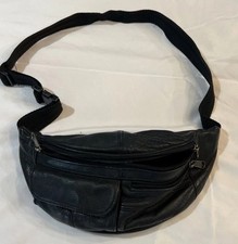 Vintage Genuine Black Leather Patchwork Multi-Pocket Fanny Pack