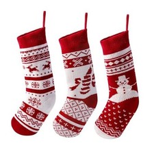 3 Pack 18" Knit Christmas Stockings, Burgundy/White Knitted Large Rustic Yarn