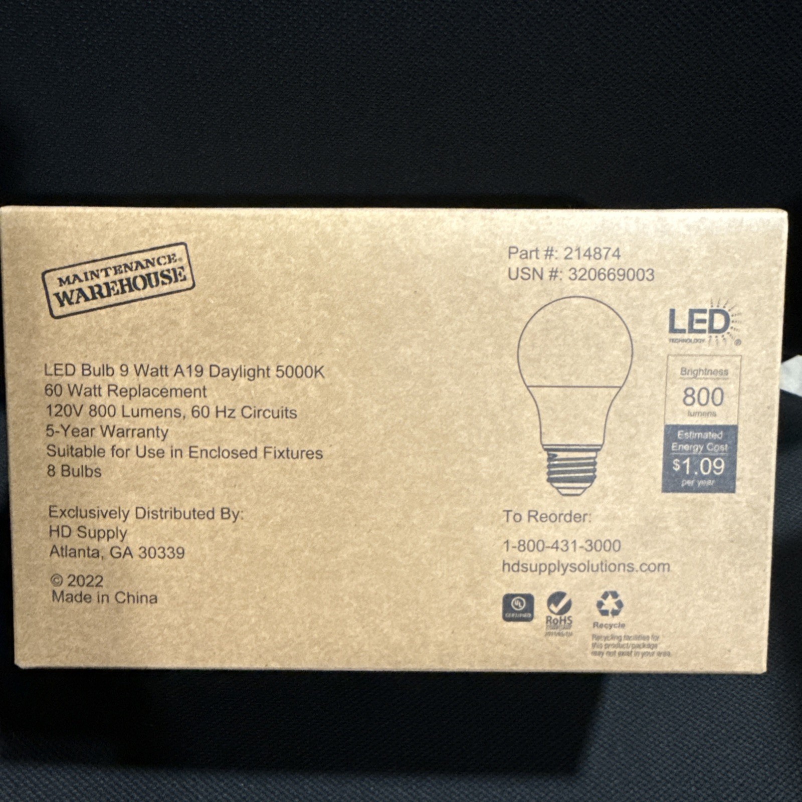 LED Bulb 9 Watt A19 Daylight 5000k 60 W 120 V 800 Lumens Hz Circuit 8 Bulbs