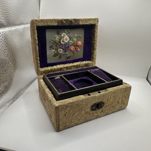Charming Time Worn Victorian Velvet Covered Jewellery Box Chest Antique