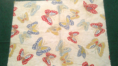 Fabric Red Rooster ''Butterflies''  Steel Blue Burnt Orange on Spackled Tan $1.50