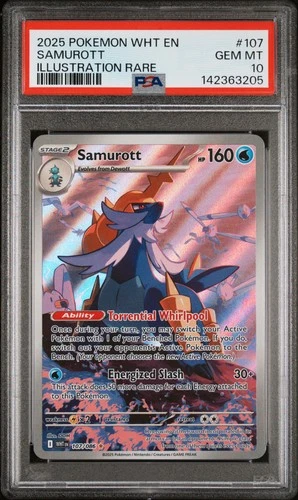 2025 POKEMON WHT EN-WHITE FLARE ILLUSTRATION RARE #107 SAMUROTT PSA 10