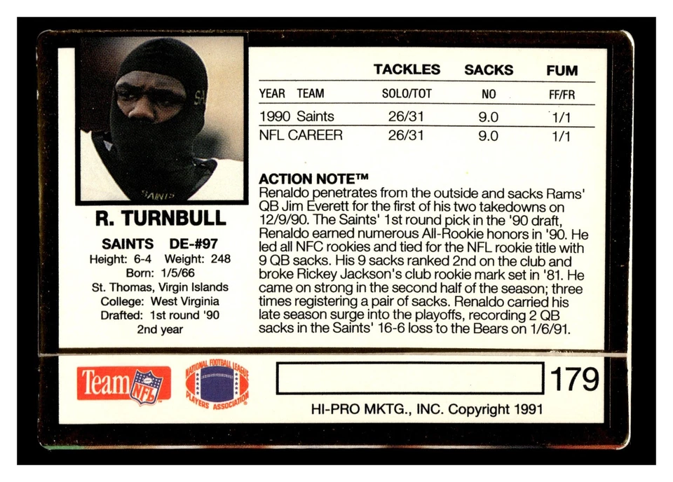 1991 Action Packed Renaldo Turnbull #179 New Orleans Saints - Image 2 of 2