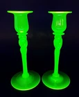 PAIR 2 Carder STEUBEN Art Glass Uranium Green # 686 TWIST 8" Candlesticks GLOW !