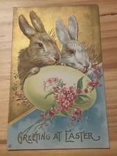 Vintage Embossed Easter Postcard Rabbits Floral Egg Gold Postmark 1¢ Stamp