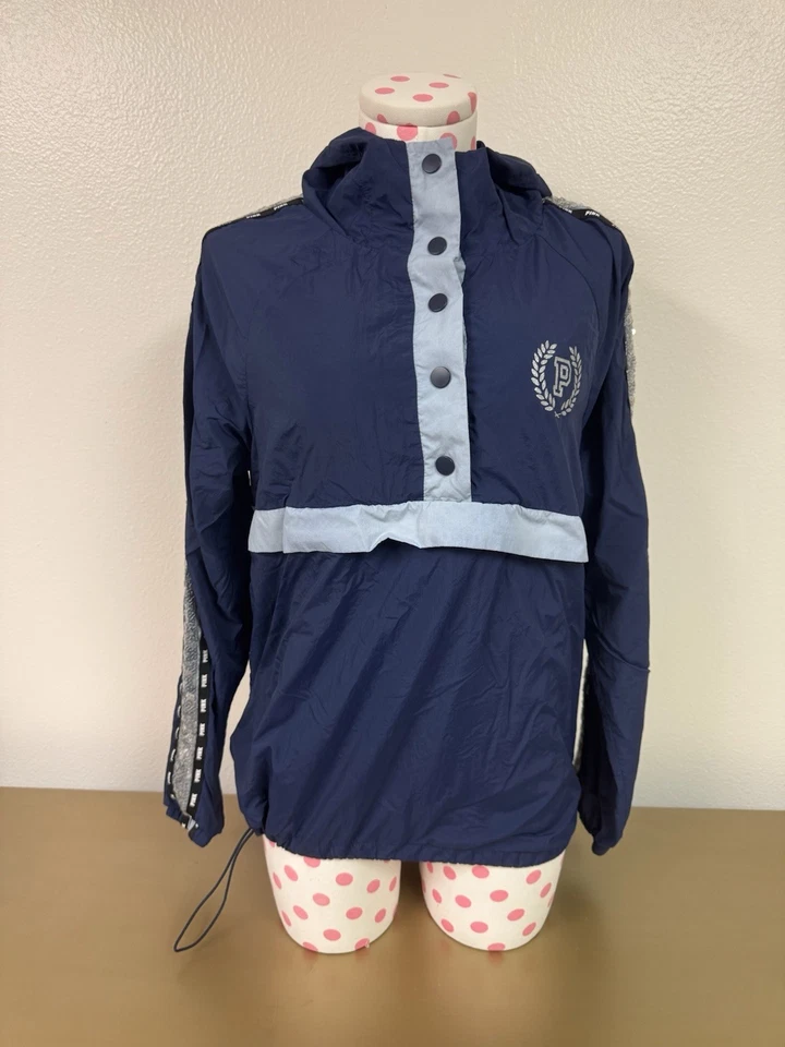 Victoria’s Secret ROSA Cortavientos Azul Estampado Leopardo Brillante Cremallera Bolsillo Sudadera con Capucha XS Foto 2 de 4