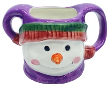 Linens N Things Snowman Mug Ceramic Purple Double Handle Christmas Holiday Cup