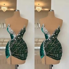 Green Mini Evening Dress For Women One Sheer Neck Sleeveless Crystal Short Gowns