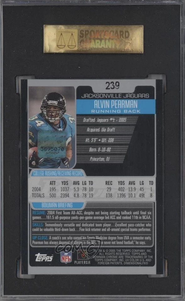 2005 Bowman Chrome Alvin Pearman #239 SGC 10 GEM Rookie Auto RC - Image 2 of 2