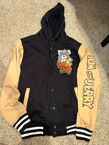 Tom and Jerry Men's Black/Beige Hooded Snap Front Varsity Jacket M Logo - product listing photo
