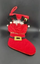 Mrs. Santa Christmas  Stocking Red Velvet Gold Trim Elf's Black Shoes Whimsical!