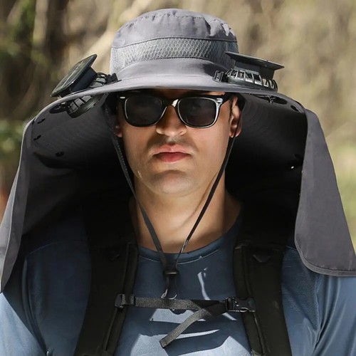USB Rechargeable Solar Fan Hat with Neck Flap - Dual Cooling Outdoor Cap