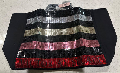 Victoria s Secret  Large Travel Canvas Tote Bag with Sequin Stripes - NWT