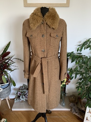 Vintage Zara Trafaluc brauner Wollmantel Tweed Jacke lang mit Gürtel - Gr. M-L Boucle