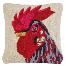 Lovely Chandler Corners - Large Hooked Wool Rooster Pillow - 18" x 18"