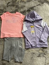 PUMA KIDS 3 PIECE SET PURPLE HOODIE WITH SALMON T-SHIRT GRAY LEGGINGS SIZE 5