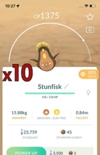 10x Stunfisk Pokemon Bundle !! Good Chance of Lucky and Good IVs !! Go