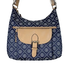 Giani Bernini Handbag Blue Tan Adjustable Shoulder Strap Zip Top Logo Print NEW