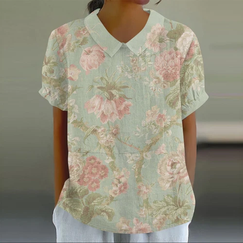 Damen Puppenkragen Hemd Baumwolle Leinen Blumenmuster Peter Pan Kragen Ärmel Shirts - Bild 28 von 56