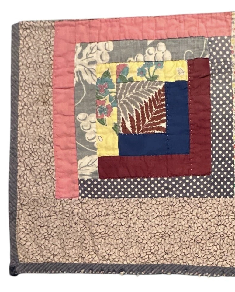 Vintage Cutter Quilt Piece 14” x 22” Log Cabin  Feed Sack Fabrics  #1 - Image 3 of 4