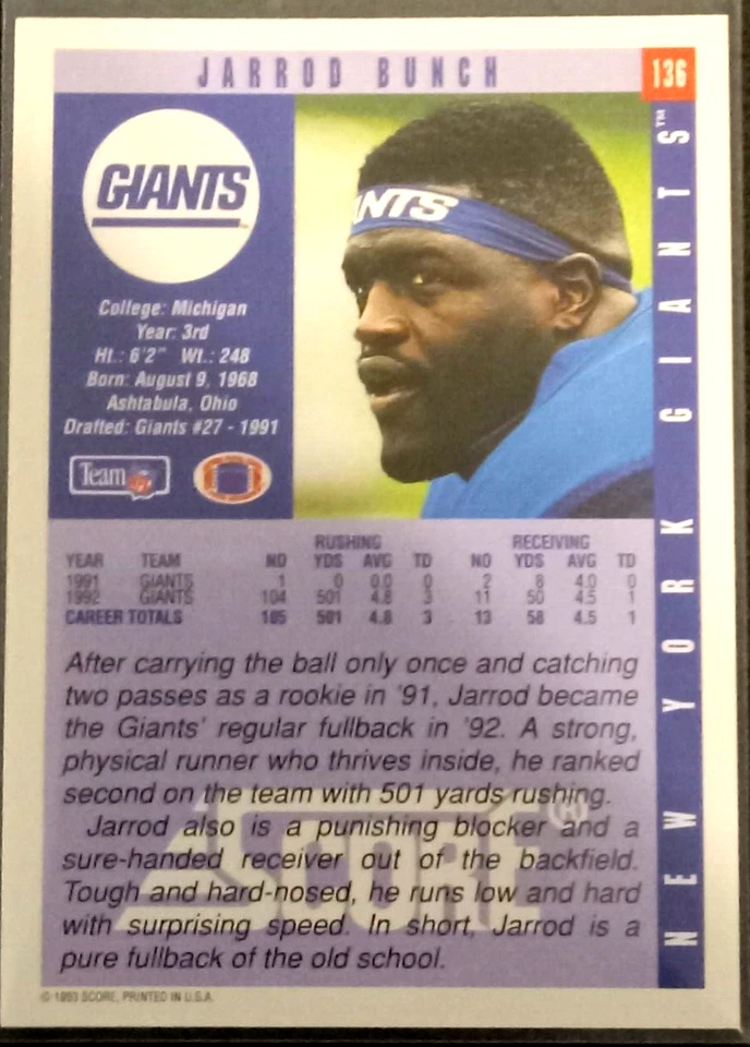 1993 Score - Jarrod Bunch #136 - Image 2 of 2