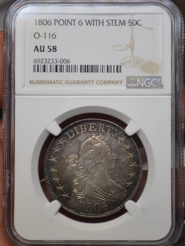 1806 United States Bust Half Dollar NGC AU58 O-116 Point 6 With Stem Variety