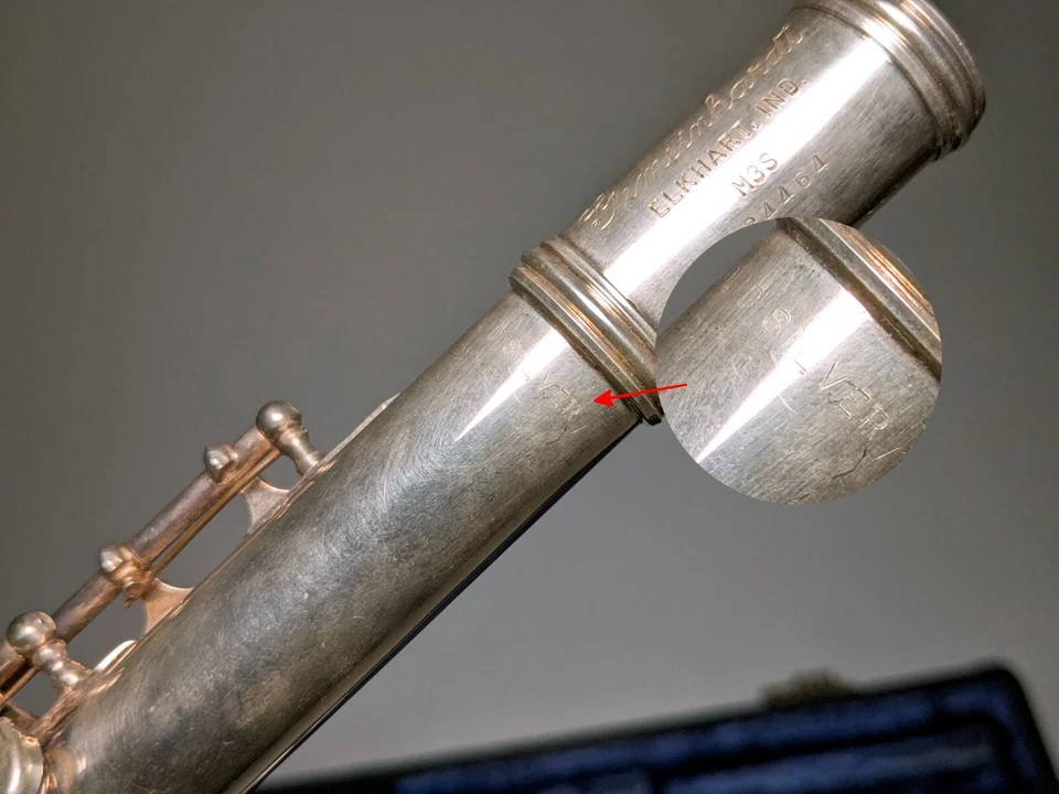 Flauta de plata maciza Communhardt agujero abierto M3S marcado PLATA MACIZA cabeza cuerpo pie Foto 3 de 4