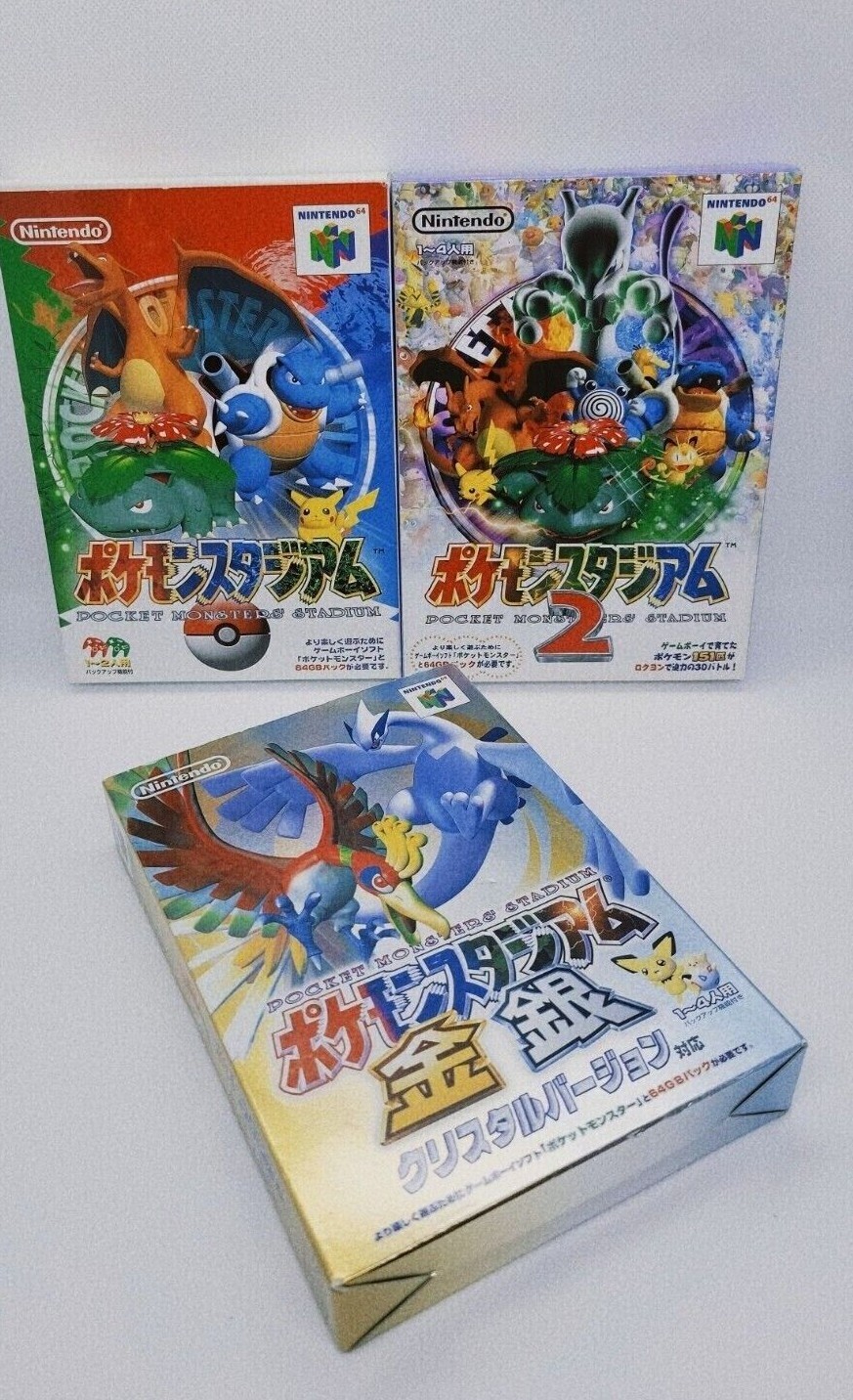 Nintendo 64 Pokemon Stadium 1 & 2 & Gold Silver set with Box & manual N64 Japan