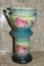 VTG Austrian Blue Luster Ladies Spitoon Floral Flowers Vase Ceramic Stamped 8"