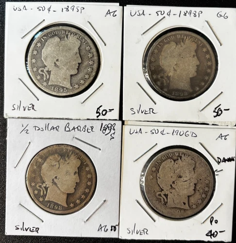 Four Barber Half Dollars: 1895P, 1898P, 98S and 1906D (damaged). Likely PO to G6