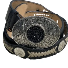 Vintage Tex Tan Weaved Leather Belt Mens 40 Black Western Bling Big Buckle