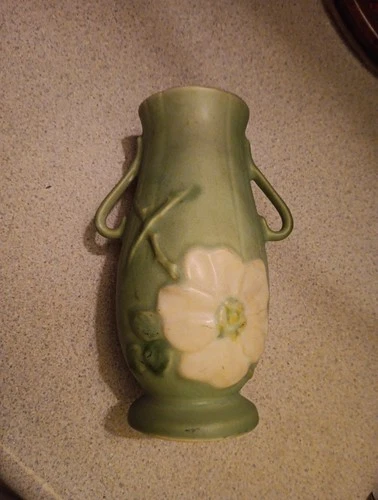 Weller Pottery 1930s Double Handled Wild Rose Dogwood Vase  Sea Foam Green