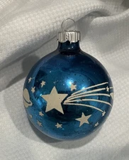Vtg Blue Shiny Brite Moon Stars Space UFO Glass Christmas Ornament 2.5". LOOK