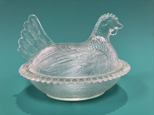 Vintage Clear Glass Hen On Nest Covered Candy Dish Chicken Beaded Rim 5"