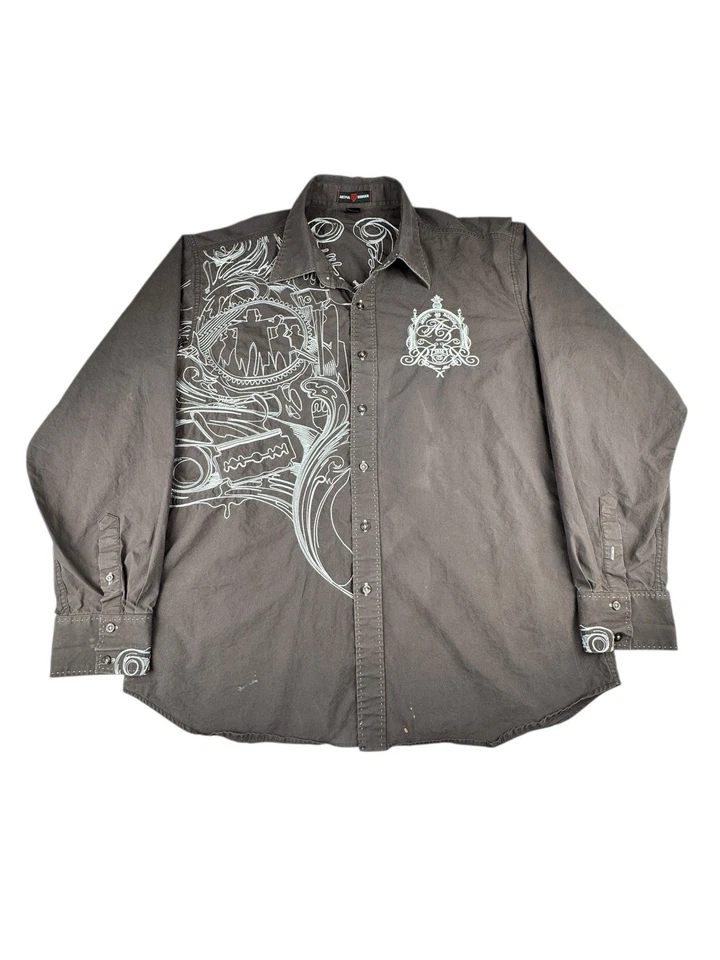Camisa Y2K ARTFUL DODGER Marrón Bordada Con Botones Manga Larga Para Hombre Talla 2XL Foto 2 de 4