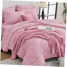 Comforter Set - 7-Piece All Season Bed in a Bag Ultra Soft Bedding Queen Pink