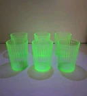 Vintage Anchor Hocking Uranium Glass Vaseline Glass Ribbed Tumblers Set Of Six