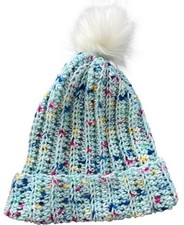 Crochet Ribbed Beanie With Faux Fur Pom Pom - Adult Size Light Blue Speckle