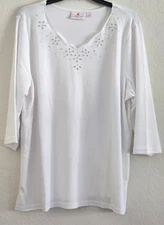 Top/Blouse-Quacker Factory-White-Eyelet Detail-Rhinestones-V-Neck-3/4 Sleeves-XL
