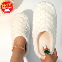 Fluffy Womens Closed Toe Comfy Slippers Ladies Shoes Slip On Warm Faux Fur Lined