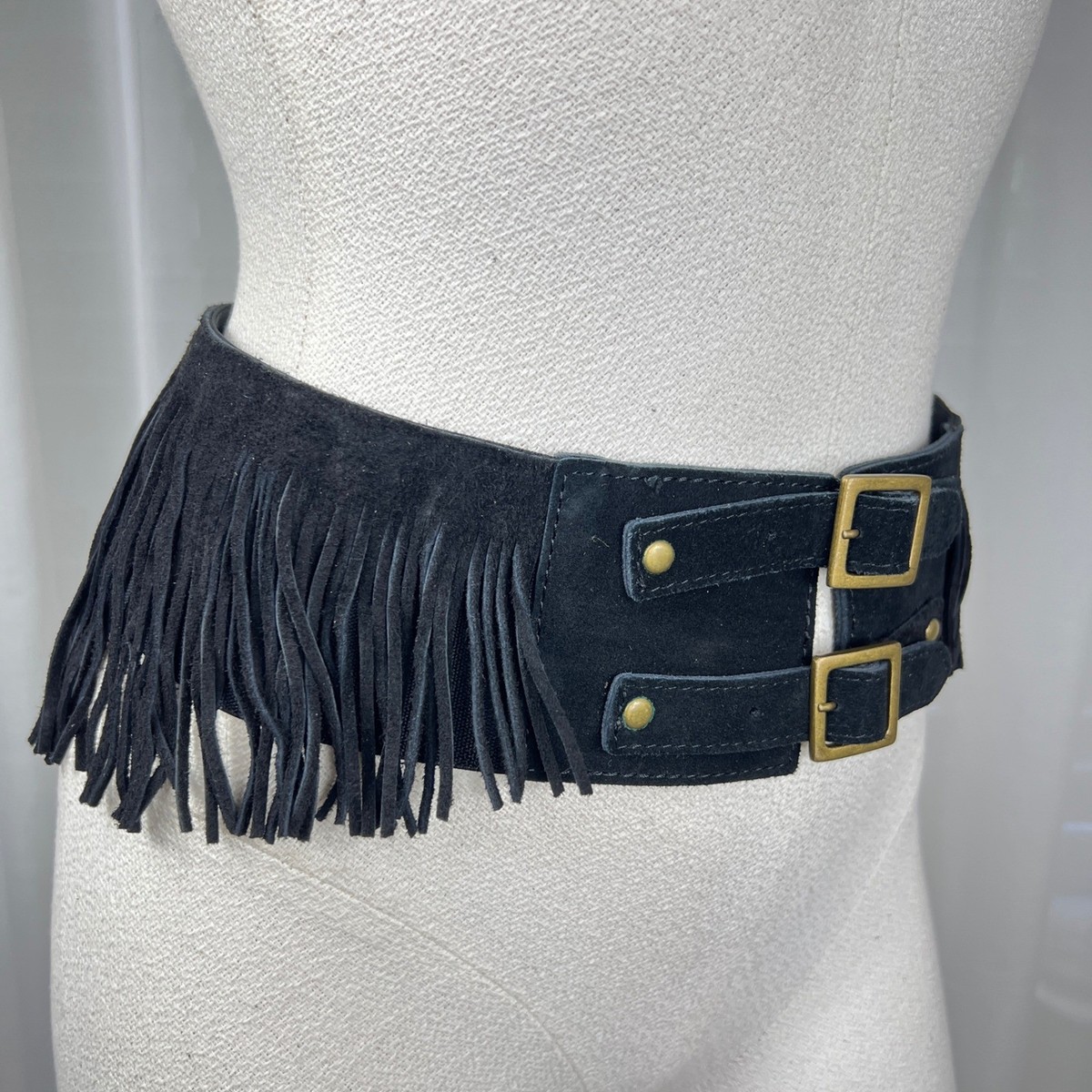 Womens Black Suede Fringe Double Buckle Corset Waist Belt Sz 