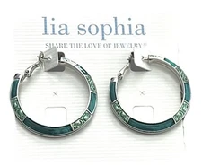 Lia Sophia Versailles Sea Green Enameled Silver Tone Hoop Earrings