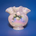 Fenton Pink Opalescent Satin Glazed Hand Painted Basket Weave Vase 3.75" tall