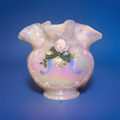 Fenton Pink Opalescent Satin Glazed Hand Painted Basket Weave Vase 3.75" tall